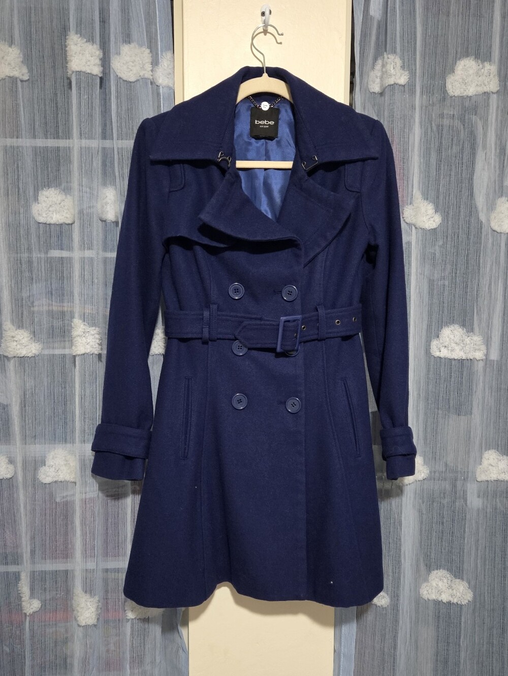 Vintage Bebe Blue Wool Blend Trench Coat